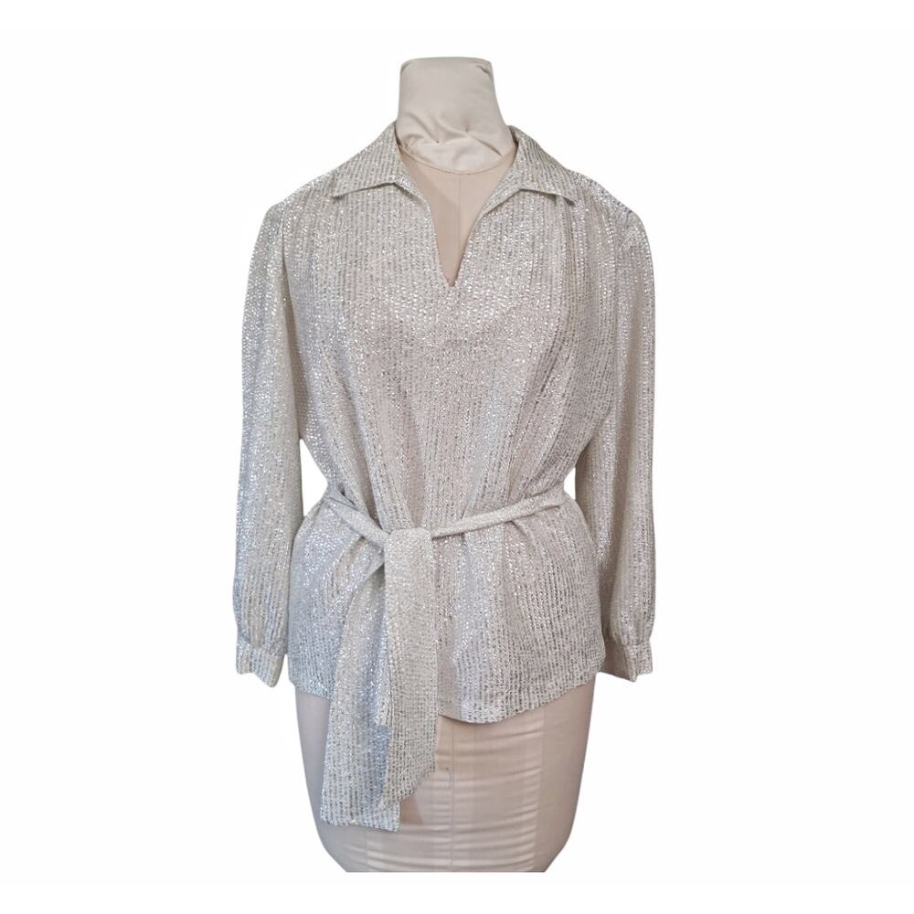 MY KINDA GAL Vintage Metallic Top Size 10 Old Hollywood Loose Fit Blouse Belt